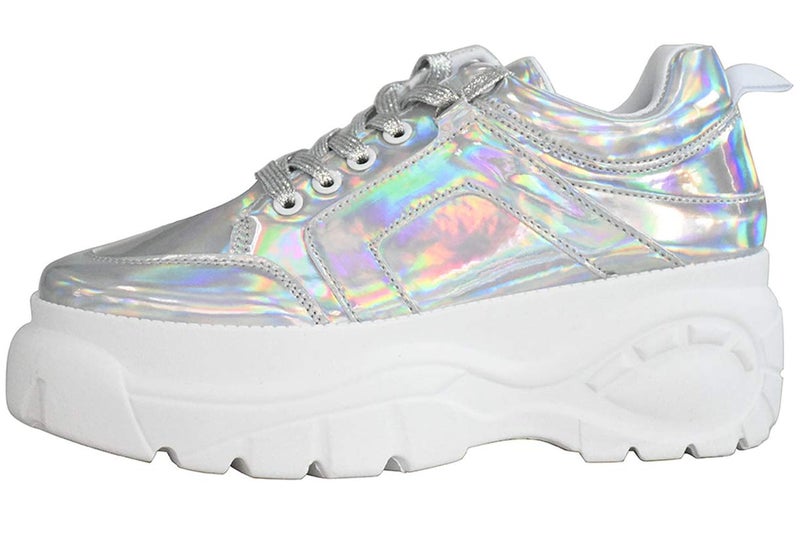 LUCKY STEP Women Chunky Platform Dad Colorblock White Neon Green Fuchsia Hologram Silver Casual Lace-Up Walking Sneakers (10 B(M) US, Hologram Silver) - Image 1